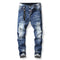 Newest Men's Ripped Patchwork Jeans Mid Waisted Straight Pants